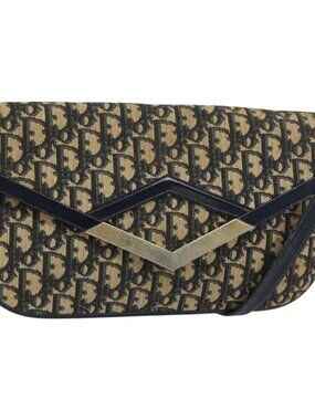 Christian Dior Trotter Canvas Shoulder Bag Navy Gold Auth 160820